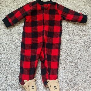 Carter's Red and Black Plaid Footie with Bear Details